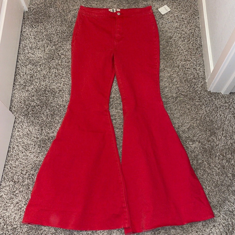 Free People Bright Red Flare Wide Leg Jeans